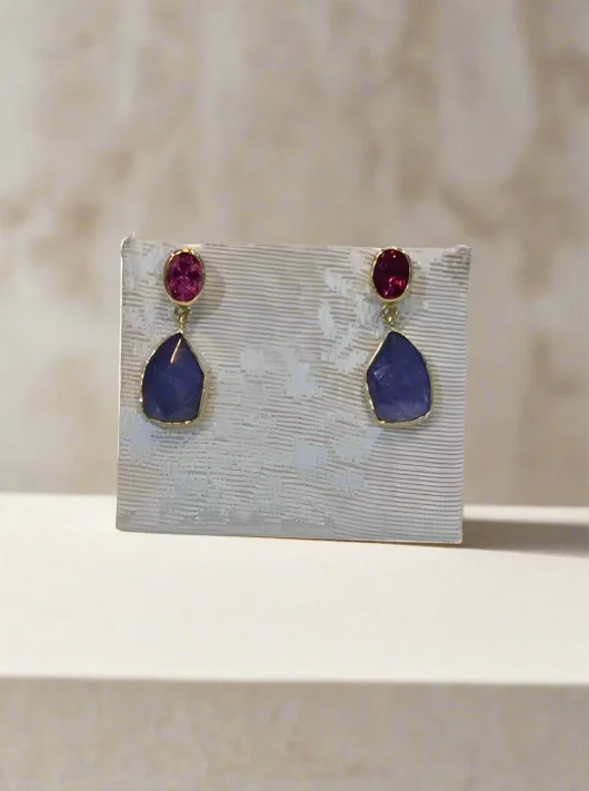 Ladies signature style earrings -Tanzanite funcy cut and pink tourmaline 18k earrings, one of a kind, Fine earrings, handmade earrings, Greek jewelry