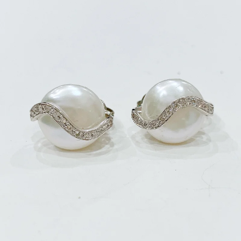 Ladies polished work earrings -Estate Collection Earrings - Vintage YVEL Diamonds &  Pearl set in 18K White Gold Clip On Style