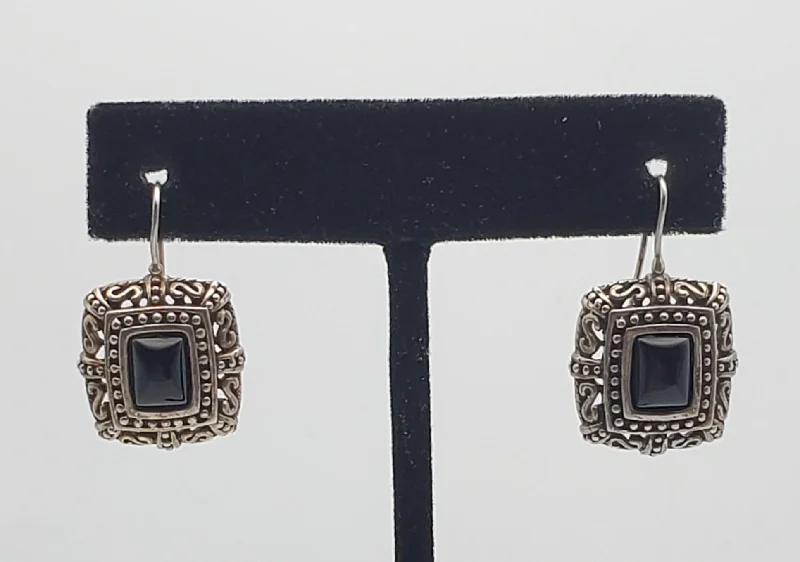 Ladies handcrafted artisan earrings -Vintage Black Onyx Cabochon Pierced Design Sterling Silver Drop Earrings