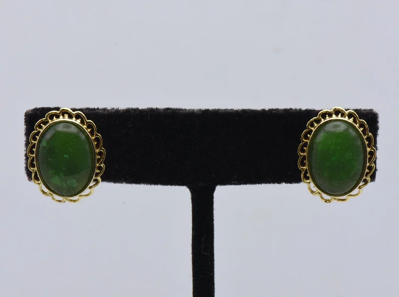 Ladies silky smooth earrings -Oval Jade Gold Tone Stud Earrings