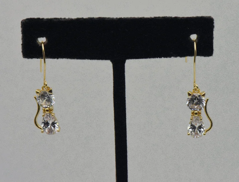 Ladies energy surge earrings -Vintage Cubic Zirconia Cat Gold Tone Sterling Silver Earrings