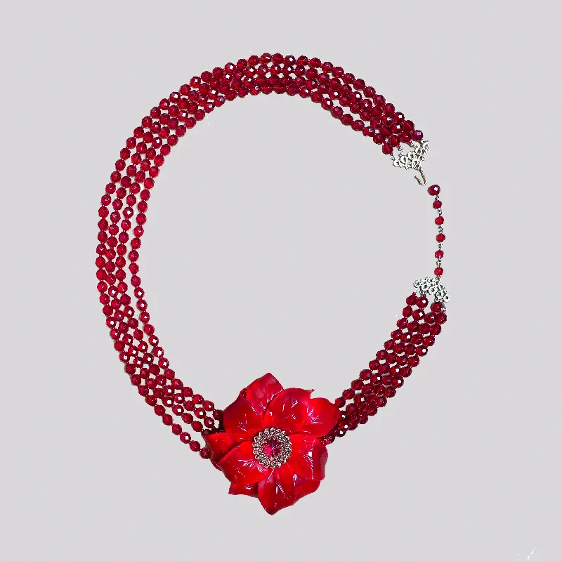 Ladies Necklaces with Bead Spark-Vintage Red Flower Brooch Necklace