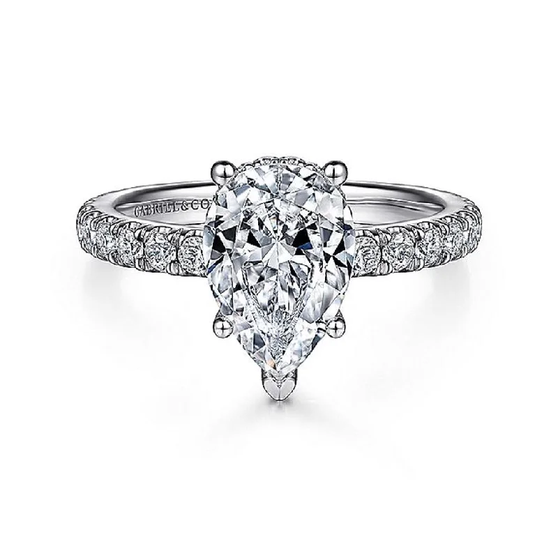 Ladies Triple Gem Engagement Rings -Gabriel & Co. Alina - 14K White Gold Hidden Halo Pear Shape Diamond Engagement Setting