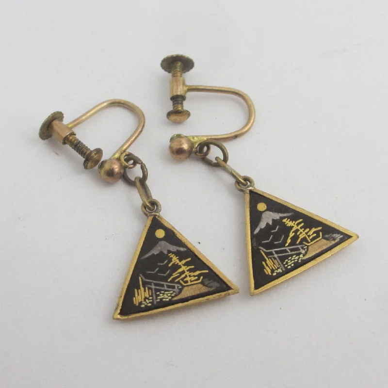 Ladies club pride earrings -Japanese Damascene Dangling Ear Pendant Earrings Vintage c1950