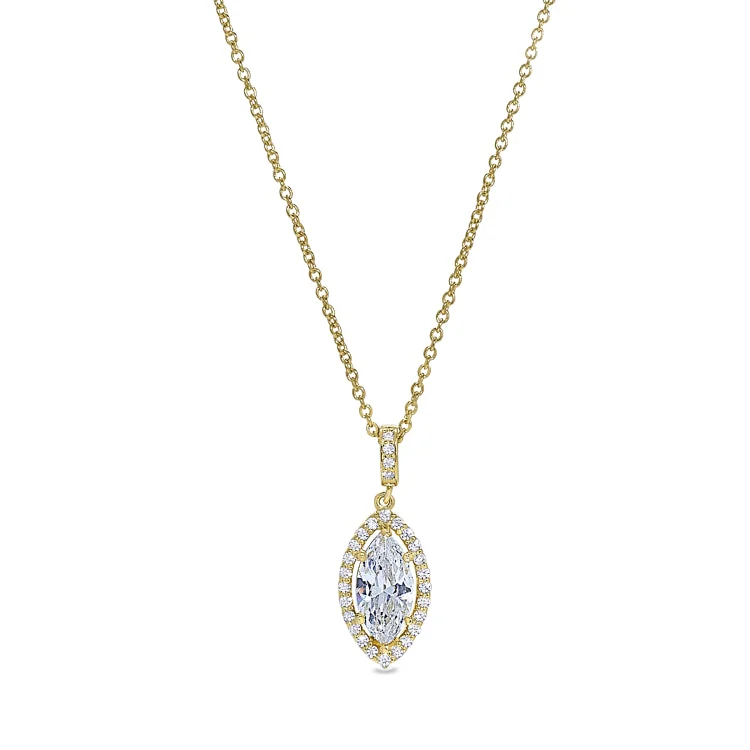 Ladies Necklaces with Cross Shine-Gold Vermeil Sterling Silver Micropave Marquise Halo Necklace with Simulated Diamonds on 16" - 18 " Adjustable Cable Chain