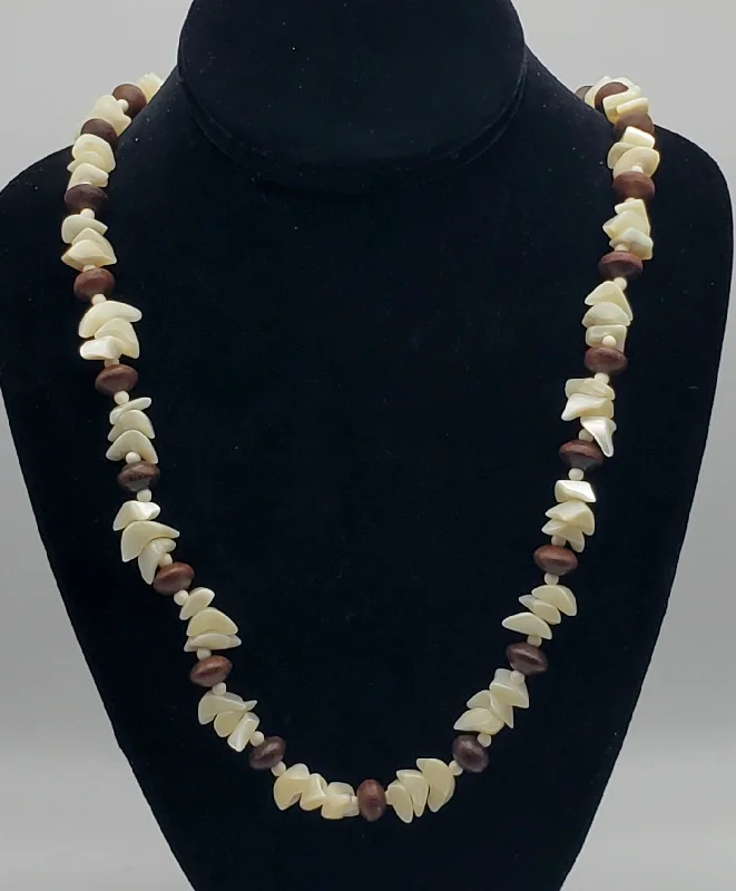 Ladies Necklaces with Red Spinel-Vintage Nacre Shell Mother-of-Pearl and Wood Bead Necklace - 26"