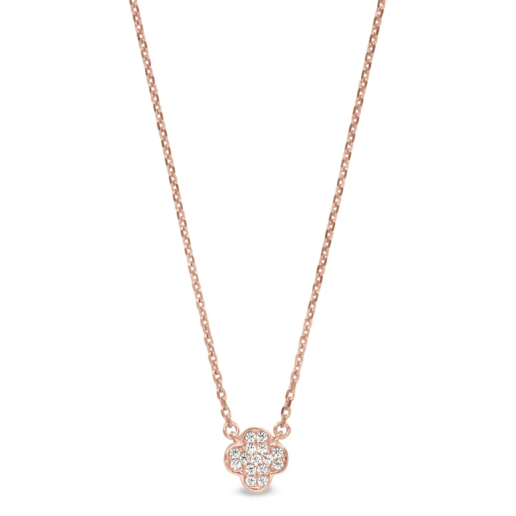 Ladies Necklaces with Aqua Turquoise-Rose Gold Finish Sterling Silver Micropave Small Clover Shape Necklace with Simulated Diamonds on 16"-18" Adjustable Chain