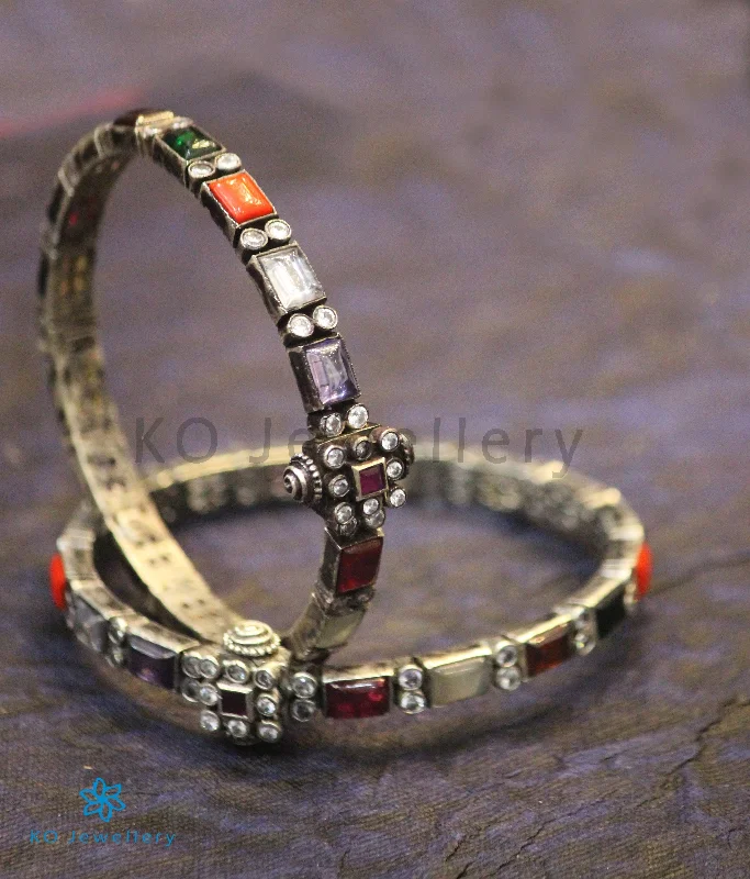 Ladies Bracelets with Ruby Shine-The Sattva Silver Navratna Bracelet (Oxidised/Size 2.2/2.4/2.6)