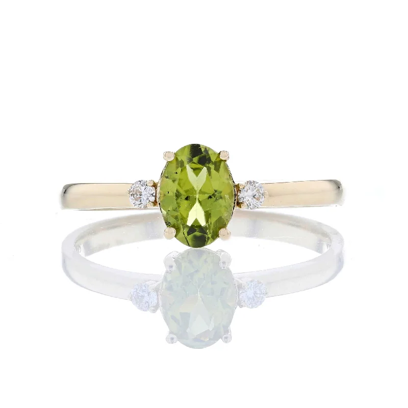 Ladies Rings with Clear Zircon-Oval Peridot & Diamond 3 Stone Ring