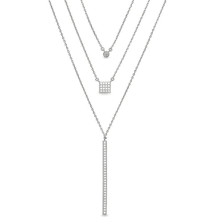 Ladies Necklaces with White Colemanite-Platinum Finish Sterling Silver Micropave Layered Necklace with Simulated Diamonds on 16" - 18" Adjustable Chain