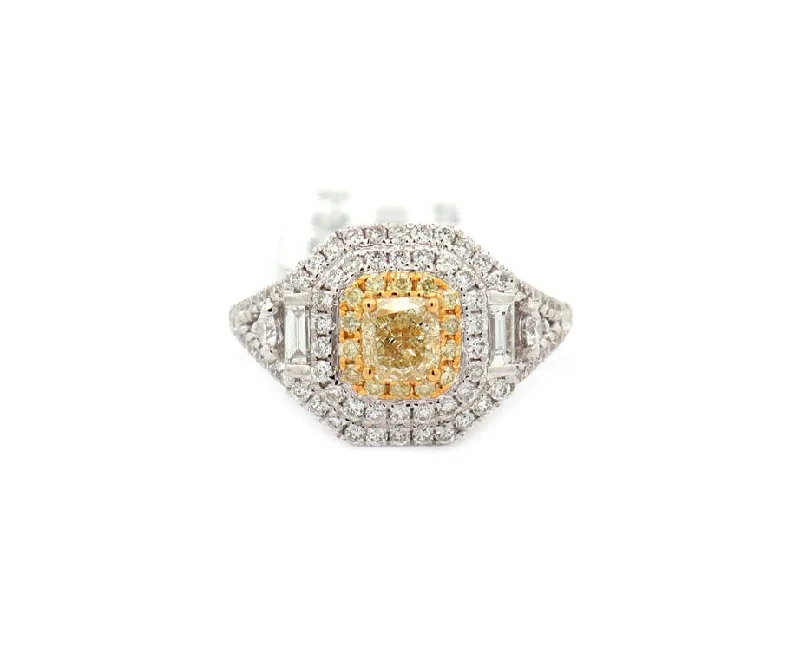 Ladies Rings for Design Spark-New 0.65ctw Fancy Yellow Diamond and 0.77ctw White Diamond Double Frame Ring 14K