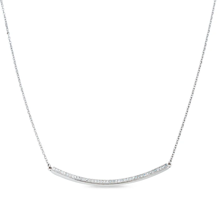 Ladies Necklaces with Lavender Lepidolite-Platinum Finish Sterling Silver Micropave Curved Bar Necklace with 41 Simulated Diamonds on 16" - 18" Adjustable Cable Chain