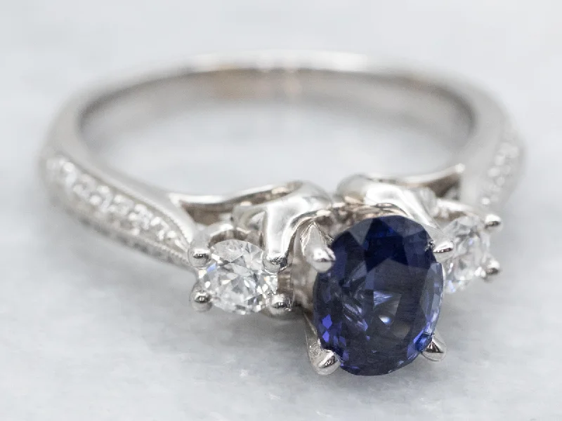 Ladies Deco Flair Engagement Rings -High Profile Sapphire and Diamond Engagement Ring