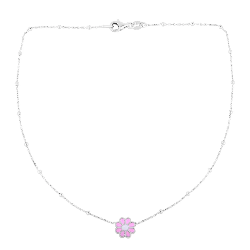 Ladies Necklaces with Black Onyx-Silver Enamel Pink Flower Necklace