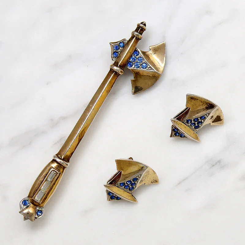 Ladies glittering spark earrings -Fierce & Fun Coro Battle Axe Brooch & Earring Set