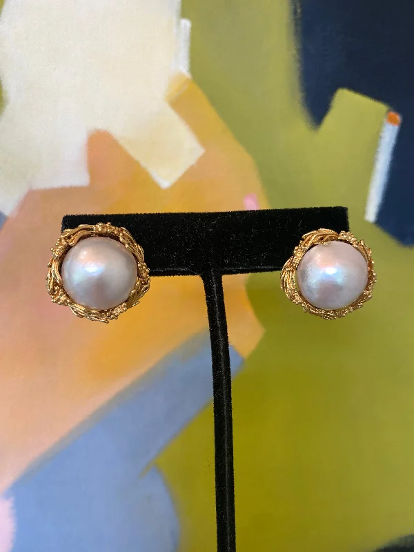 Ladies robust chunky earrings -Estate Collection - Earrings Vintage Mabe Pearls Set in 18K Gold