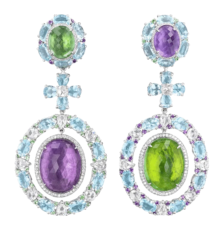 Ladies joyful burst earrings -Tourmaline, Aquamarine, Amethyst and Tsavorite Garnet Earrings