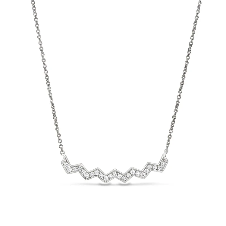 Ladies Necklaces for Winter Shine-Platinum Finish Sterling Silver Micropave Ups and Downs Necklace with Simulated Diamonds - 16" - 18" Adjustable Chain