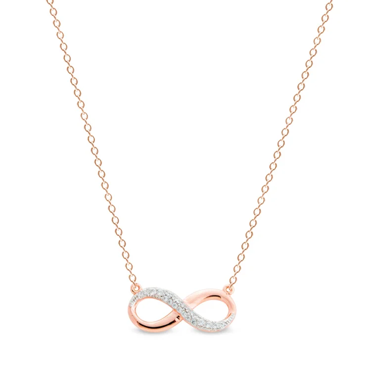 Ladies Necklaces with Blush Rhodochrosite-Rose Gold Finish Sterling Silver Micropave Infinity Necklace with Simulated Diamonds on 16" to 18" Adjustable Cable Chain.