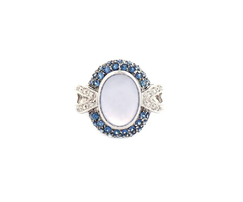 Ladies Rings with Sky Celestite-Chalcedony Cabochon Sapphire and 0.10ctw Diamond Frame Ring in 14K