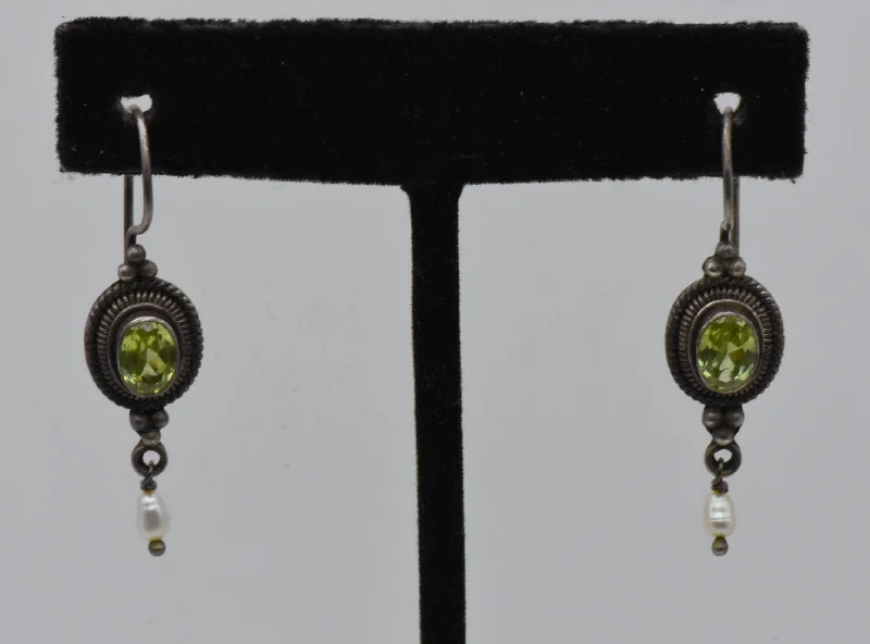 Ladies elephant wisdom earrings -Vintage Faux Peridot and Pearl Sterling Silver Dangle Earrings