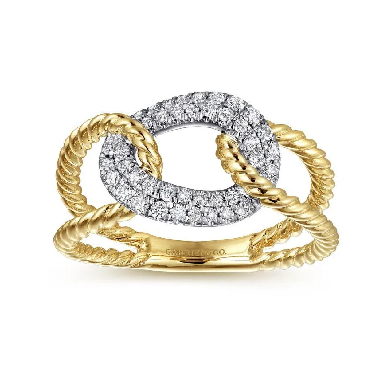 Ladies Rings for Special Glow-Gabriel & Co. - LR51318M45JJ - 14K Yellow and White Gold Twisted Rope Link Ring with Diamond Pavﾂ Station