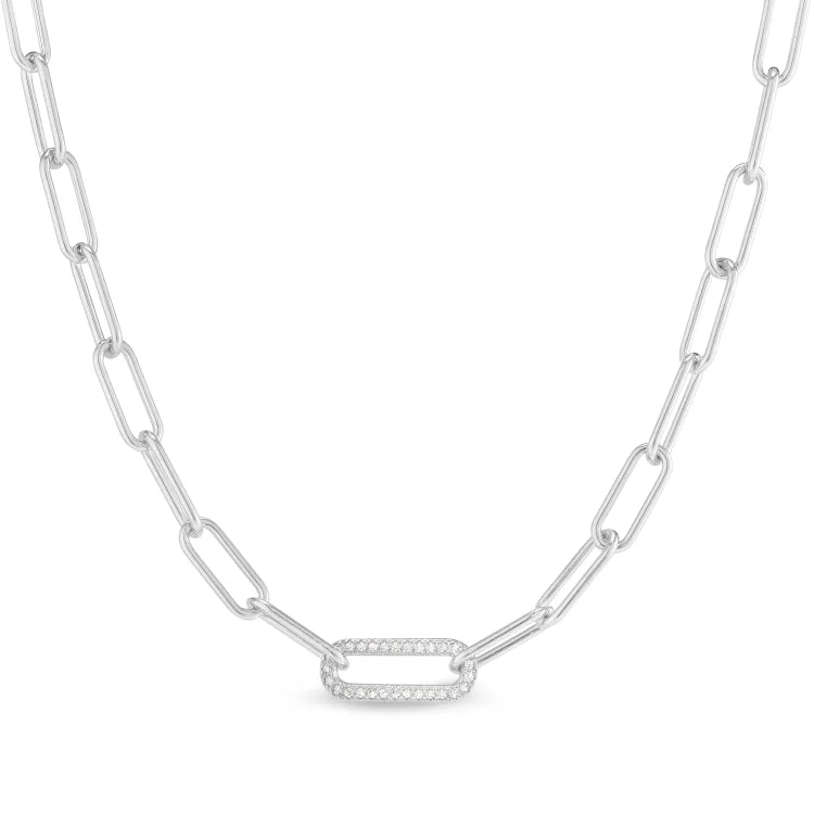 Ladies Necklaces with Triangle Shine-Platinum Finish Sterling Silver Micropave 16" Paper Clip Necklace with a Single Link with Simulated Diamonds