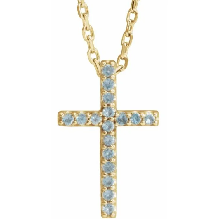 Ladies Necklaces with Stellar Glow-14K Yellow Natural Swiss Blue Topaz Petite Cross 16" Necklace