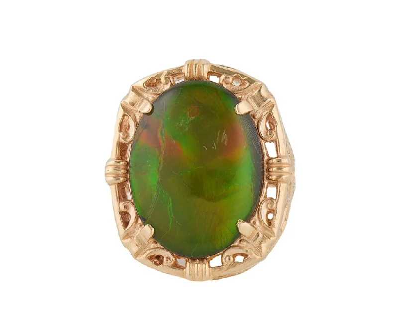 Ladies Rings with Yellow Xenotime-Oval Ammolite Solitaire Cocktail Ring in 14K