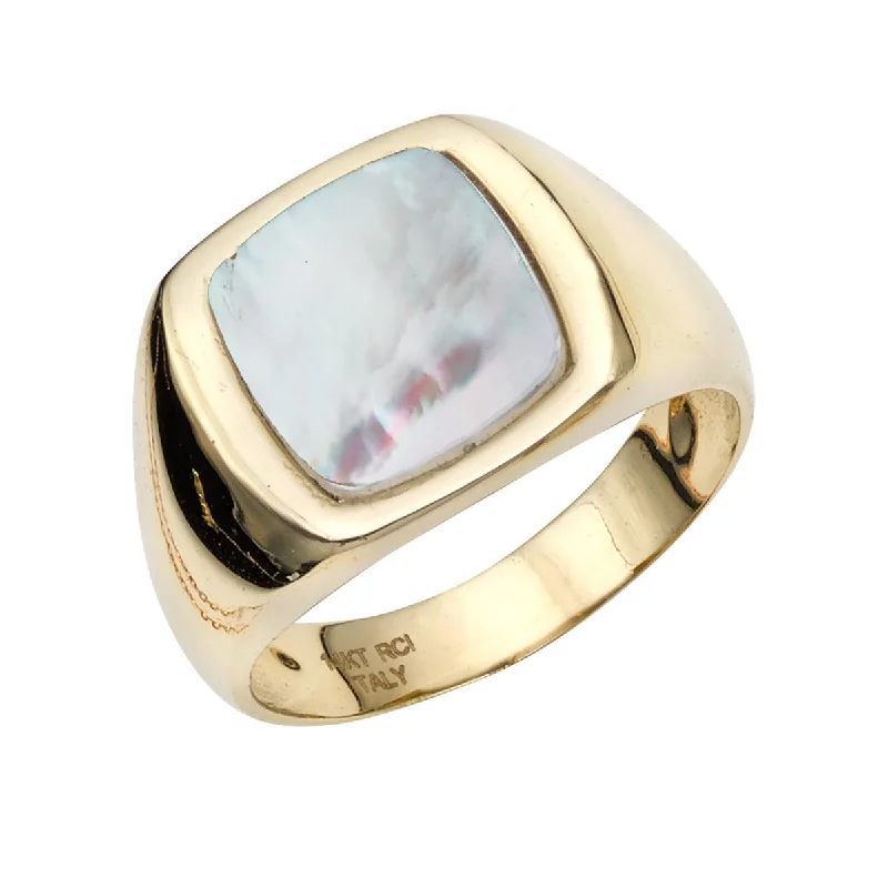 Ladies Rings with Green Emerald-14K Yellow Gold Small Square White Mother of Pearl Ring R7189-07