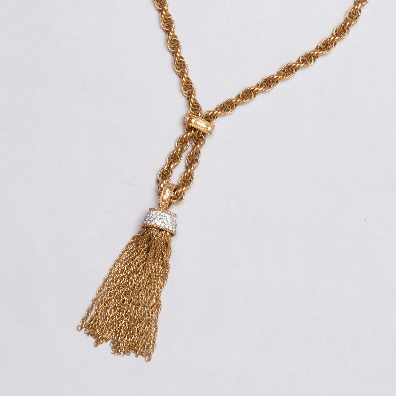 Ladies Necklaces with Yellow Heliodor-Vintage Gold-tone Diamante Tassel Necklace