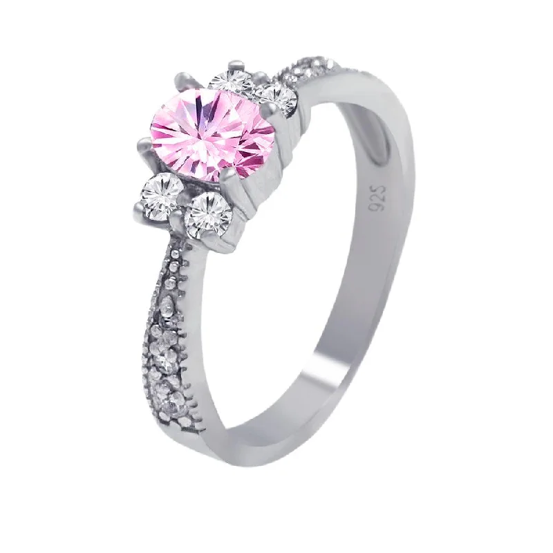 Ladies Lapis Depth Engagement Rings -Silver 925 Rhodium Plated Pink Oval Center Pave CZ Engagement Ring - AAR0003PNK