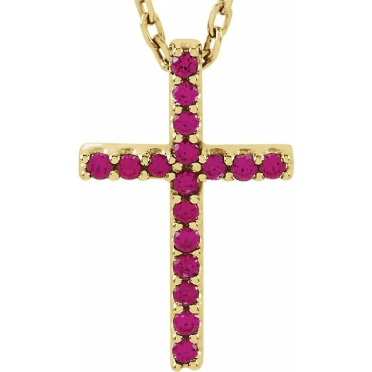 Ladies Necklaces for Kin Spark-14K Yellow Natural Ruby Petite Cross 16" Necklace