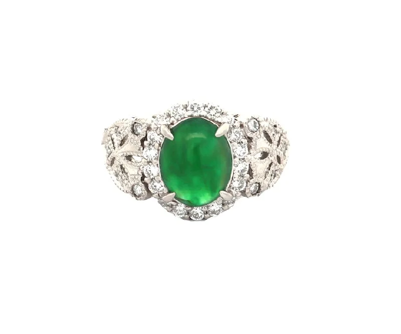 Ladies Rings Geometric Shine-2.05ct Jade and 0.50ctw Diamond Frame Milgrain Heirloom Ring in Platinum