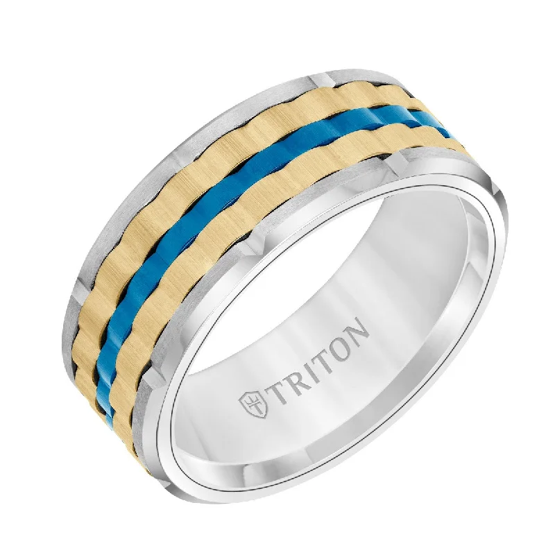 Ladies Rings with Striped Agate-Triton 9mm Basketweave Center Tungsten Carbide Ring 11-6016WCYBU-G.00