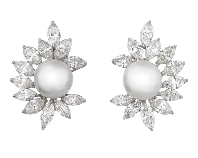 Ladies festive holiday earrings -South Sea Pearl and Diamond Climber Earrings