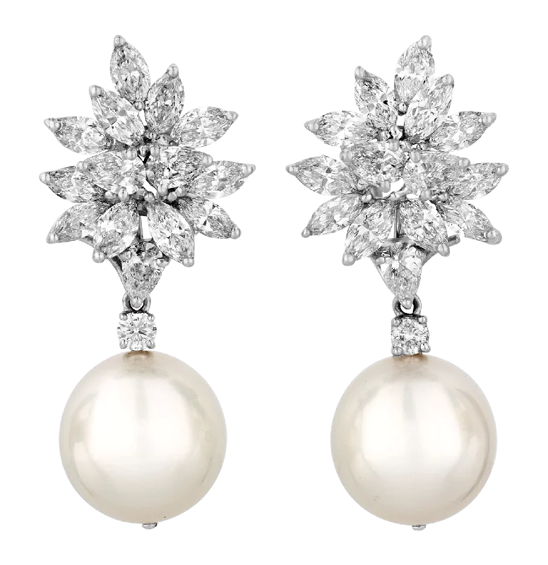 Ladies anchor strength earrings -South Sea Pearl and Diamond Earrings, 15.5-16mm