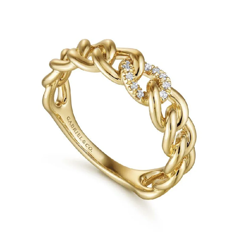 Ladies Rings Pearl Glow-Gabriel & Co. - LR51250Y45JJ - 14K Yellow Gold Chain Link Ring Band with Pavﾂ Diamond Station