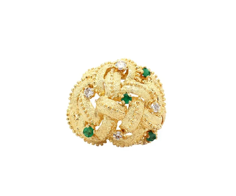 Ladies Rings for Dance Spark-0.16ctw Emerald and 0.30ctw Diamond Woven Cocktail Ring in 14K