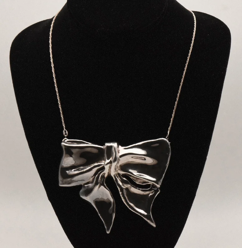 Ladies Necklaces in Rose Spark-Stunning BIG! Vintage Sterling Silver Bow Pendant/Brooch on Sterling Silver Chain Necklace - 16.5"