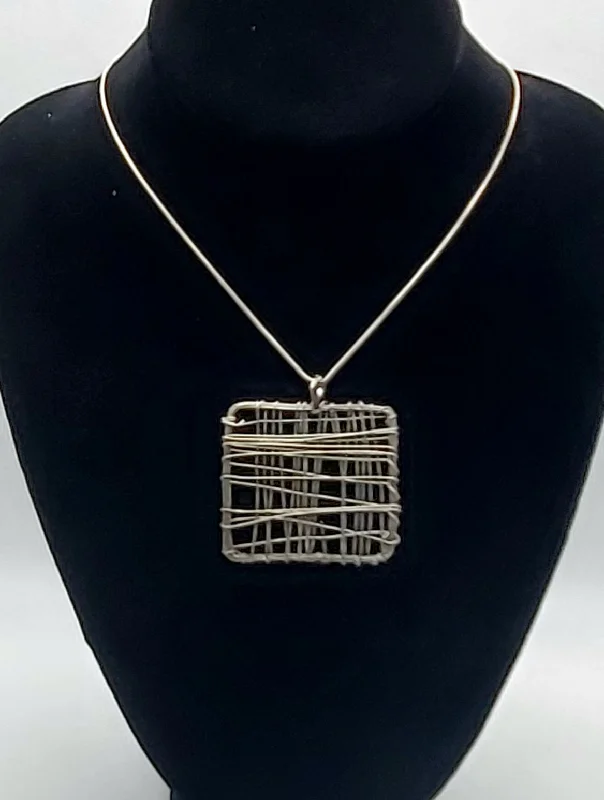 Ladies Necklaces Open Shine-Handmade Wire Wrapped Square Pendant on Silver Tone Chain Necklace - 17"