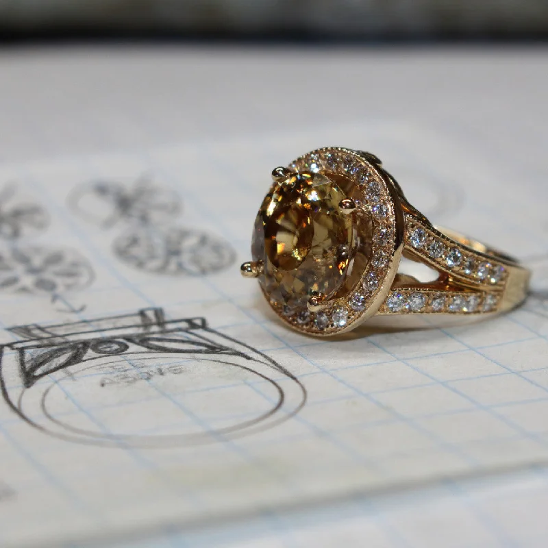 Ladies Rings with Bead Spark-Golden Zircon and Diamond Ring, Custom Made