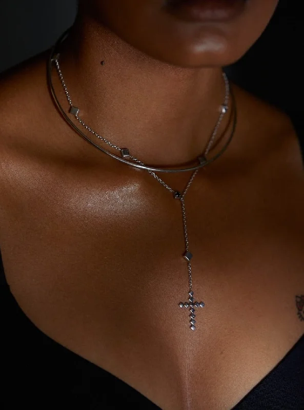 Ladies Necklaces with Plum Tanzanite-Dori Rosary Cross Lariat Necklace + Axis Choker in Silver Tone