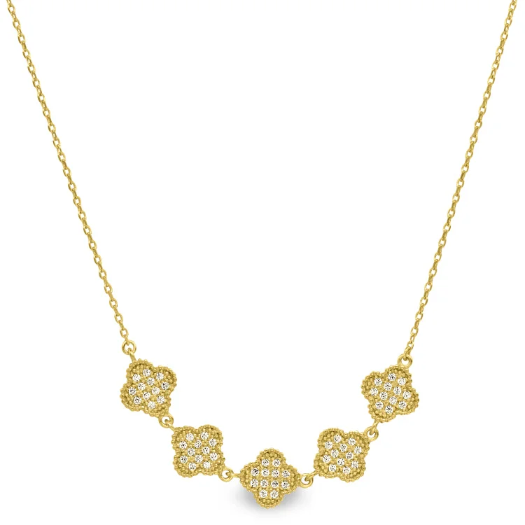 Ladies Necklaces for Date Shine-Gold Finish Sterling Silver Micropave Five Clover Necklace with Simulated Diamonds on 16"-18" Adjustable Chain