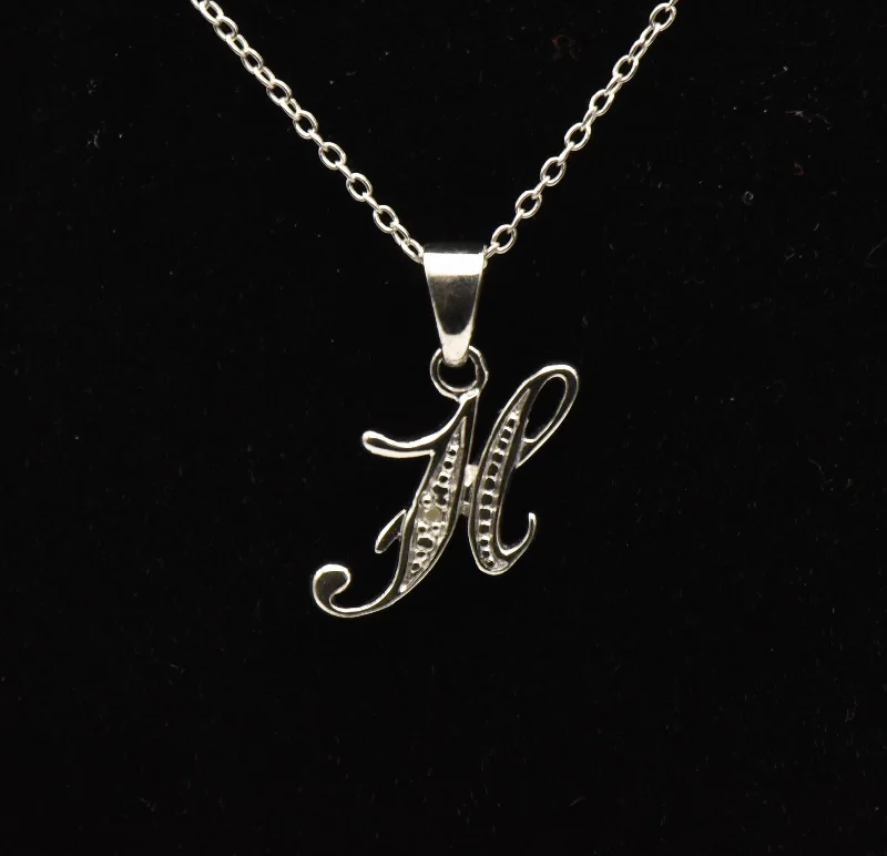 Ladies Necklaces for Work Shine-Avon - Vintage Diamond "H" Monogram Sterling Silver Pendant Necklace - 18.75"