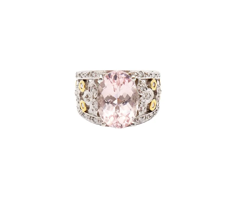 Ladies Rings with Crescent Spark-5.0ct Morganite and 0.15ctw Diamond Two Tone Filigree Ring in 14K