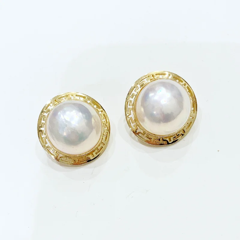 Ladies asymmetrical flair earrings -Estate Collection Earrings - 14K Yellow Gold w/18MM Mabe Pearls