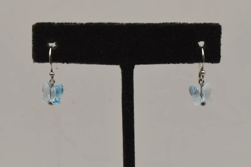 Ladies sturdy steel earrings -Vintage Blue Crystal Butterfly Sterling Silver Dangle Earrings