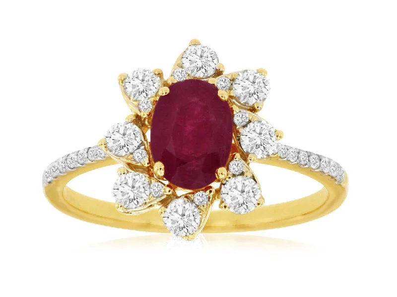 Ladies Rings Budget Spark-14K Yellow Gold Oval Ruby Diamond Flower Ring