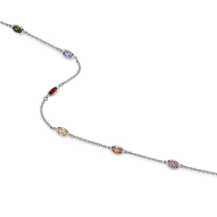 Ladies Necklaces Slim Spark-Platinum Finish Sterling Silver 18" Necklace with 18 Simulated Colored Stones